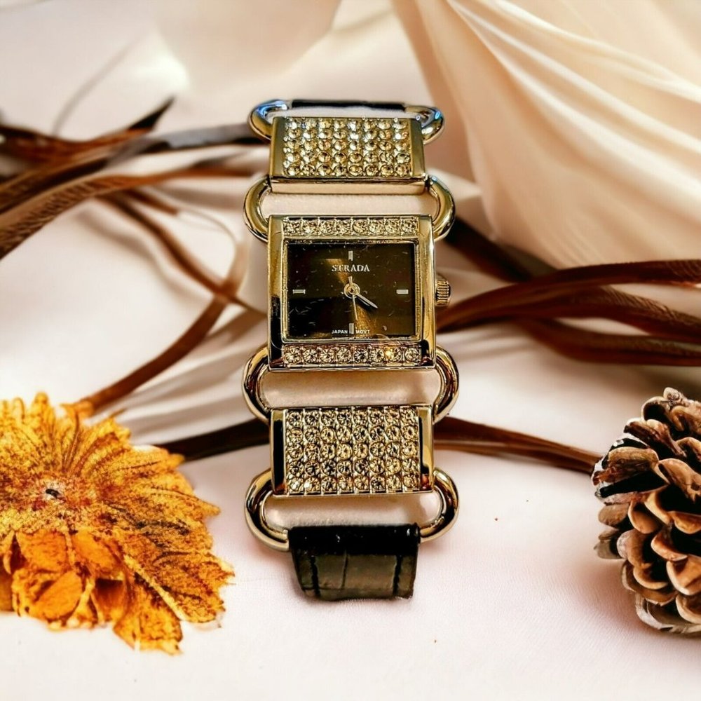 Strada Austrian Crystal Braclet Watch Japanese Movement Blk Band Christmas Owt43